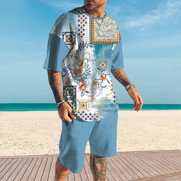 Men's Retro Printed Shorts Short-Sleeved T-Shirt Casual Sets 07545892YY