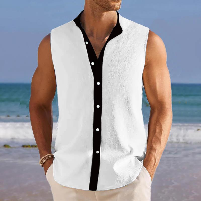 Men's Breathable Linen Lapel Beach Sleeveless Shirt 01104059YM