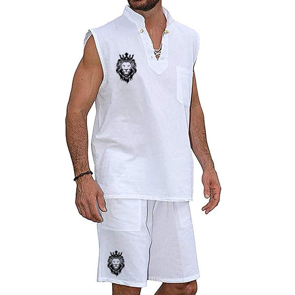 Men's Drawstring Collar Sleeveless Linen Shirt Shorts Set 12762879YM