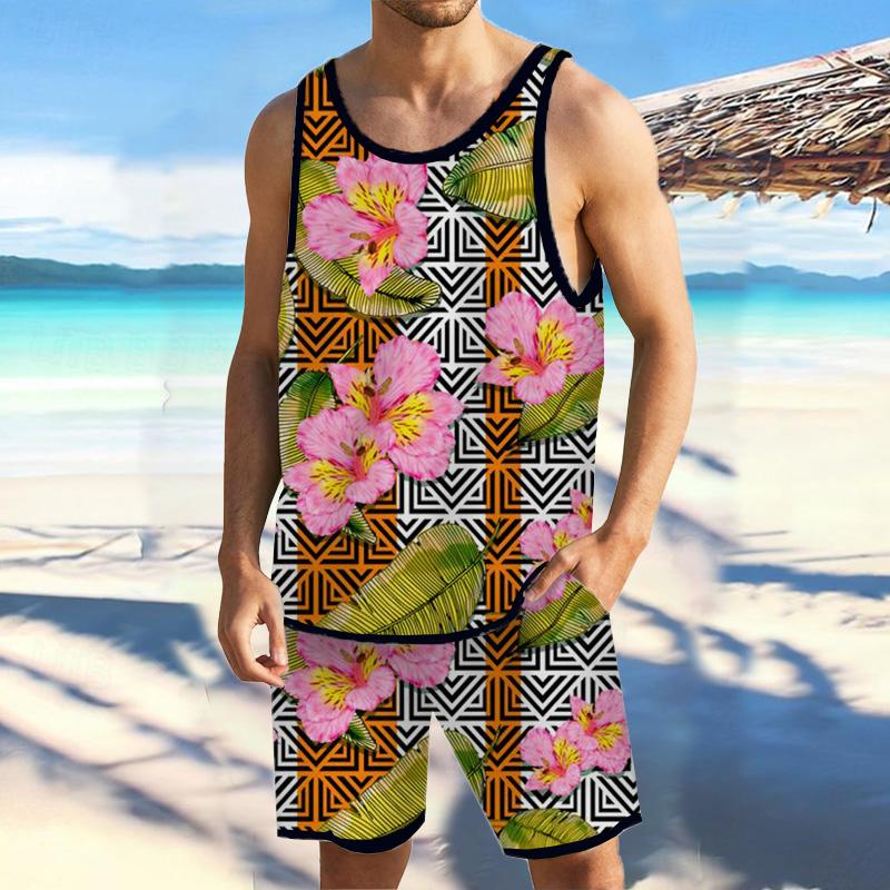 Men Tropical Floral Tank Hawaiian Beach Shorts Sets 91560868YY