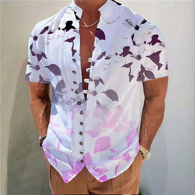 Men's Stand Collar Floral Printed Short Sleeve Shirt 08208338YY