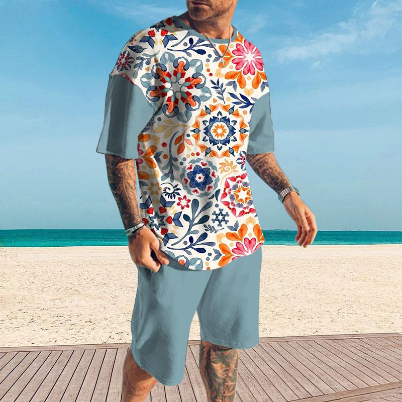 Men's Retro Printed Shorts Short-Sleeved T-Shirt Casual Sets 71908337YY