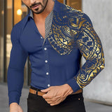 Men's Lapel Hot Stamped Printed Long Sleeve Shirt 48843049YM