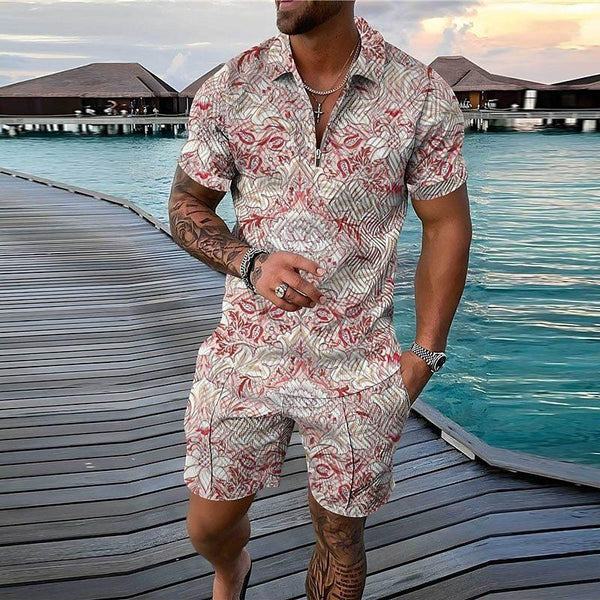 Men's Casual Printed Zipper Polo Short-sleeve and Shorts Suit 24381406YY