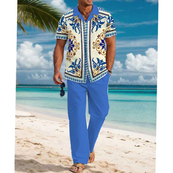Men's Casual Printed Short Sleeve Shirt and Pants Set 08205959YM