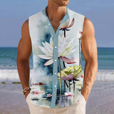 Men's Printed Breathable Linen Lapel Sleeveless Shirt 04614688YM