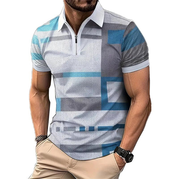 Men's Retro Geometric Printed Zipper Polo Shirt 07621588YY