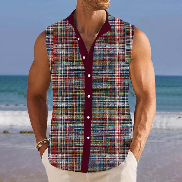 Men's Colorful Line Lapel Beach Sleeveless Shirt 32025756YY