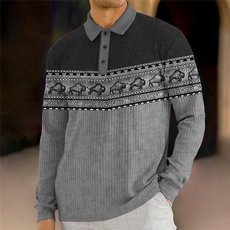 Men's Vintage Printed Knitted Polo Long Sleeve Shirt 89671279YM