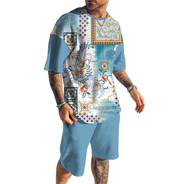 Men's Retro Printed Shorts Short-Sleeved T-Shirt Casual Sets 07545892YY