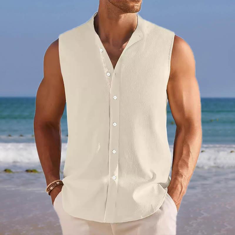 Men's Breathable Linen Lapel Beach Sleeveless Shirt 14895452YY