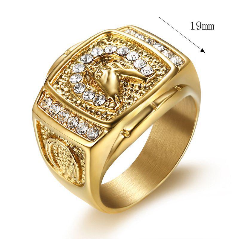 Men's Hip Hop Titanium Steel Gold Plated Diamond Horse Head Ring 94191460L