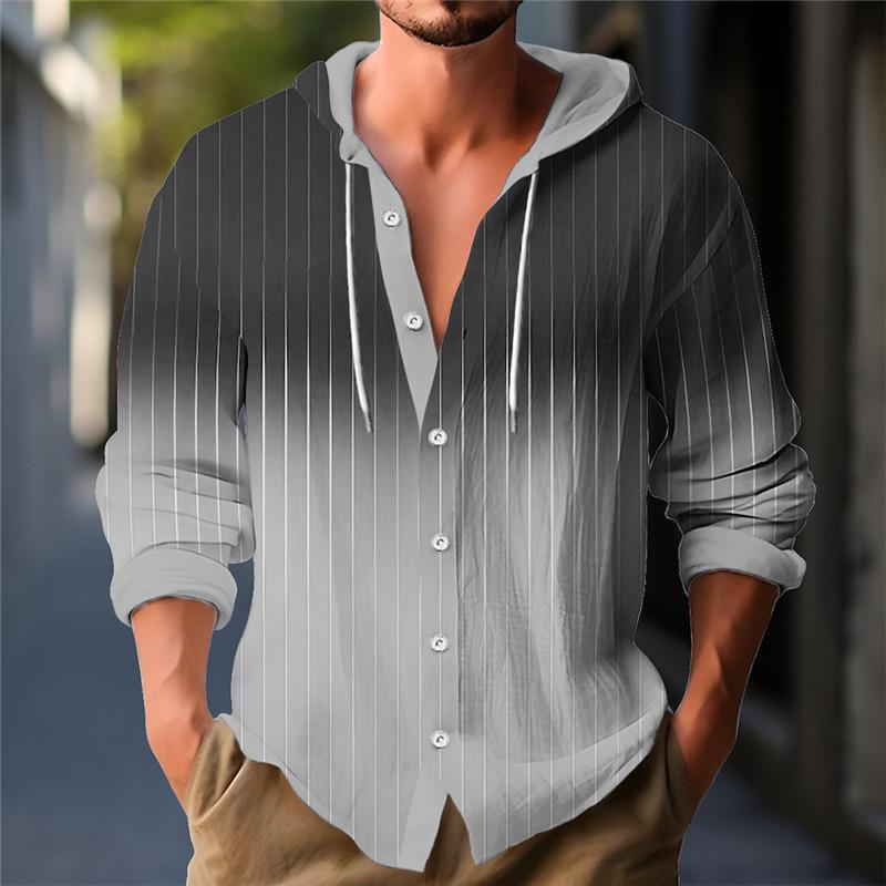 Men's Printed Slub Hooded Adjustable Long Sleeve Shirt 49308219L