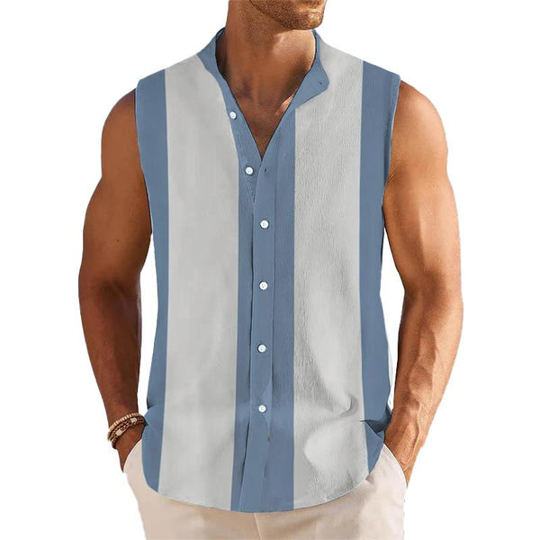 Men's Breathable Linen Lapel Beach Sleeveless Shirt 29241117YM