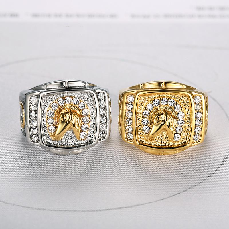 Men's Hip Hop Titanium Steel Gold Plated Diamond Horse Head Ring 94191460L