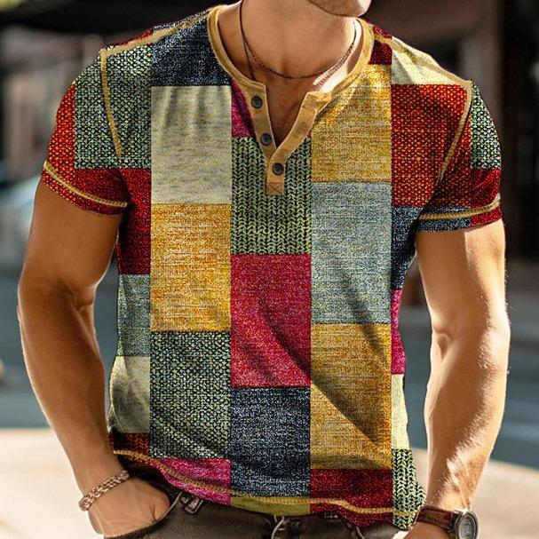 Men's 3d Printed Loose Short Sleeve Henry Collar T-Shirt 28629243YY
