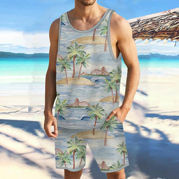 Men Tropical Floral Tank Hawaiian Beach Shorts Sets 39501363YY