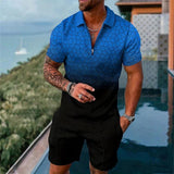 Men's Casual Printed Zipper Polo Short-sleeve and Shorts Suit 70259907YY