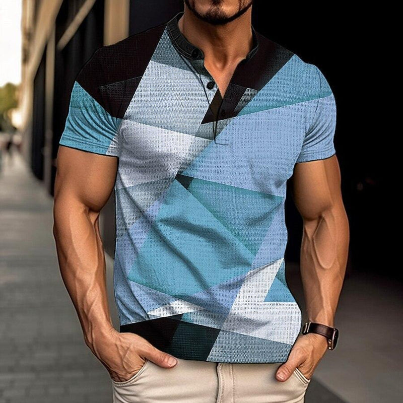 Men's Geometric Stripe 3d Printed Short Sleeve Henry T-Shirt 00343744YY