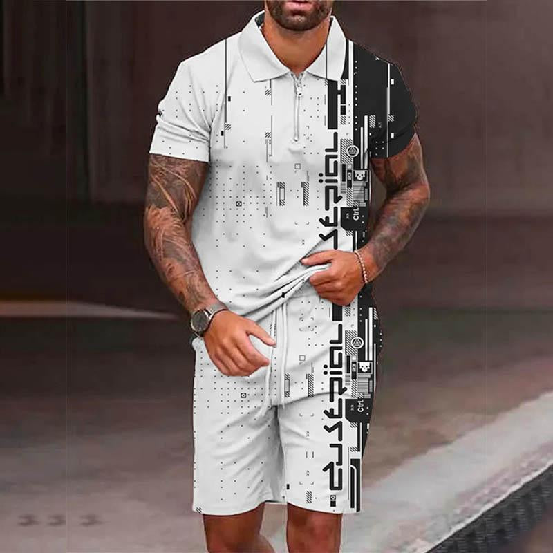 Men's Street Printed Zipper Polo Short-sleeve and Shorts Suit  43649971YY