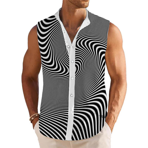 Men's Breathable Linen Lapel Printed Sleeveless Shirt 01170234YM