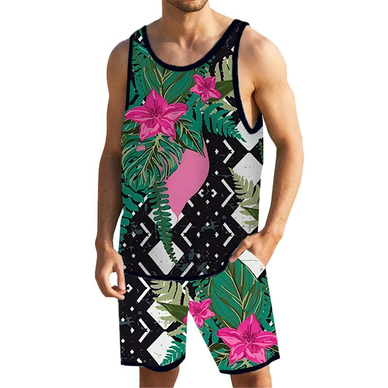 Men Tropical Floral Tank Hawaiian Beach Shorts Sets 00822056YY