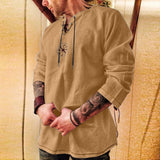 Men's Retro Cotton and linen Lace-up Long Sleeve Shirt 67480785YY