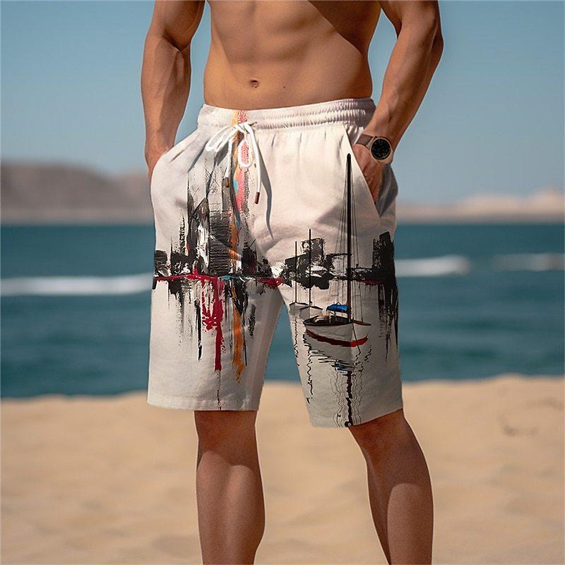 Men's Draw Rope Elastic Waist 3D Printed Casual Beach Shorts 45830226YY