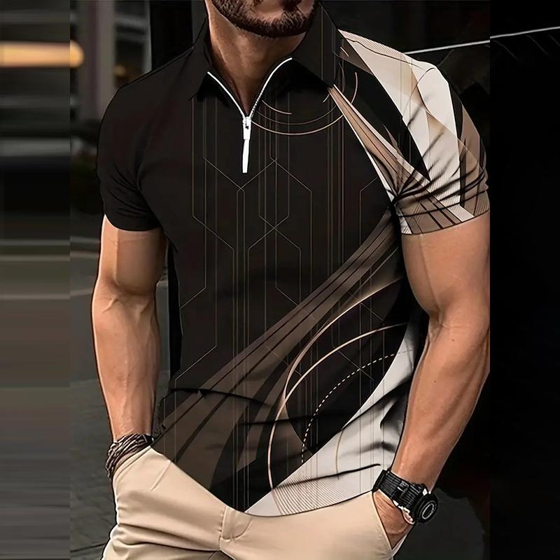 Men's Retro Geometric Printed Zipper Polo Shirt 07621588YY