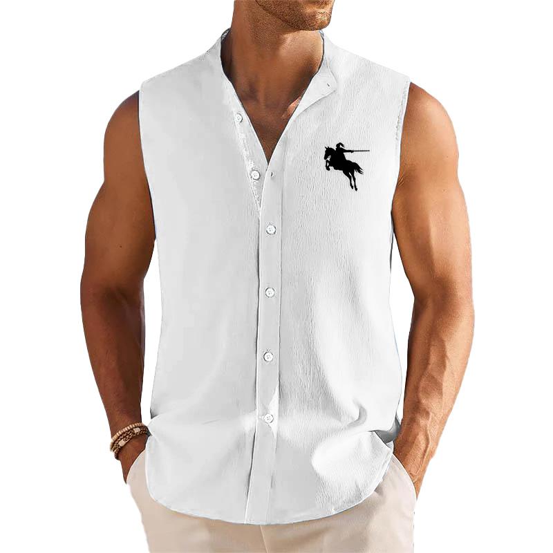 Men's Breathable Linen Lapel Beach Sleeveless Shirt 83133107YM