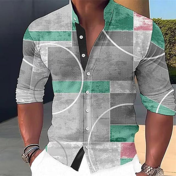 Men's Color Block Stand Collar Long Sleeve Shirt 92337372YY