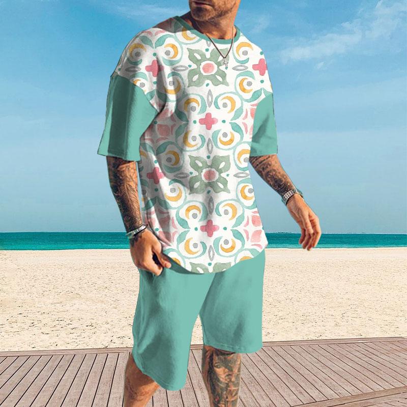 Men's Retro Printed Shorts Short-Sleeved T-Shirt Casual Sets 73784267YY