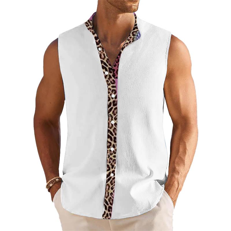 Men's Breathable Linen Lapel Beach Sleeveless Shirt 02864436YM