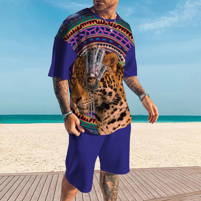 Men's Leopard Printed Shorts Short-Sleeved T-Shirt Casual Sets 90773353YY