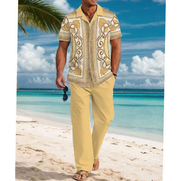 Men's Casual Printed Short Sleeve Shirt and Pants Set 14586597YM