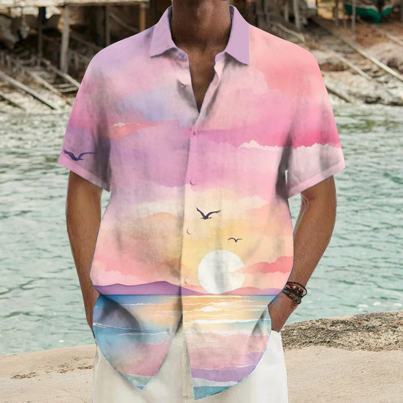 Men's Sunset Beach Printed Short-Sleeved Shirt 74531150YY