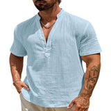 Men's Cotton and Linen Solid Color Cuban Collar Short-Sleeved Shirt 01754275YY
