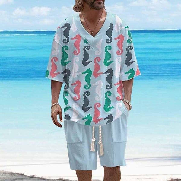 Men's Seahorse Printed Casual Short Sleeve Suit 83037083YY