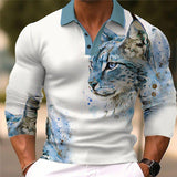 Men's Fashion Cat 3d Printed Long Sleeve Polo Shirt 22373596YY