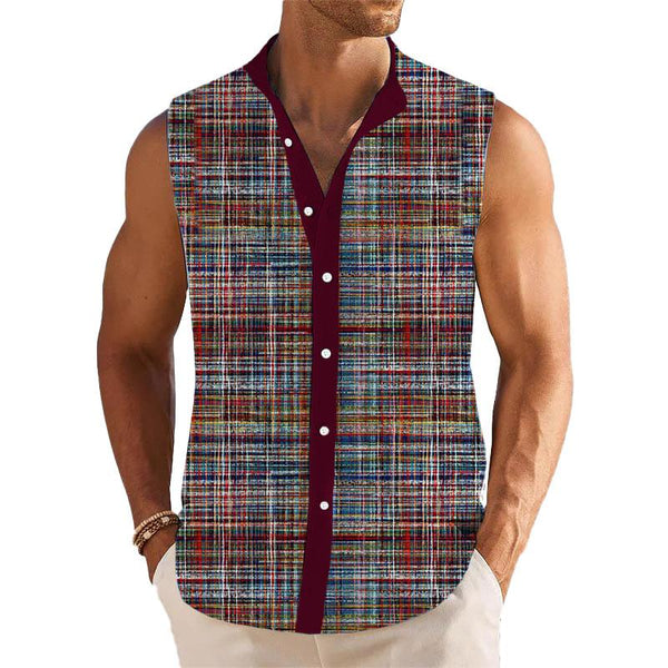 Men's Colorful Line Lapel Beach Sleeveless Shirt 32025756YY