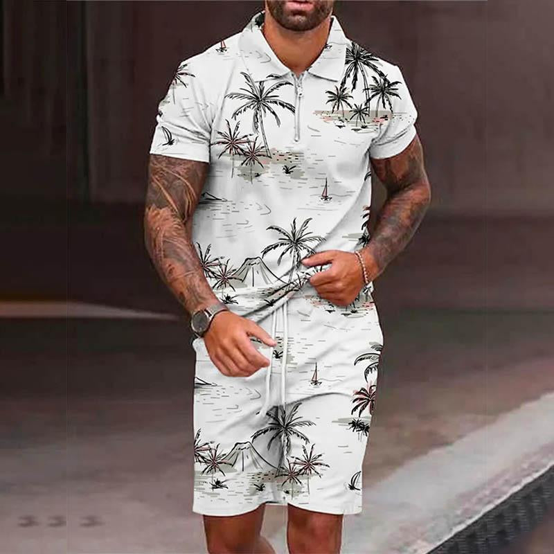 Men's Street Printed Zipper Polo Short-sleeve and Shorts Suit  43649971YY