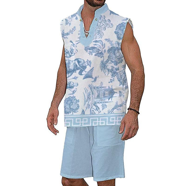 Men's Drawstring Collar Sleeveless Linen Shirt Shorts Set 52909456YM