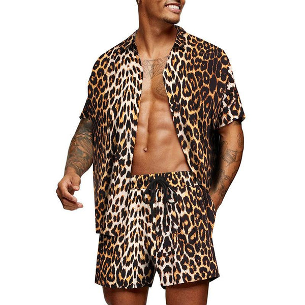 Men's Hawaiian Leopard Print Shirt Set 99930116YM