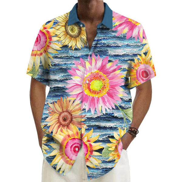 Men's Ramie Casual Sunflower Printed Short-Sleeved Shirt 98358756YY