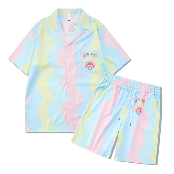 Men's 2 Pice Retro Printed Hawaii Short Sleeve Shirt and Shorts Sets 34001618YY