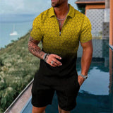 Men's Casual Printed Zipper Polo Short-sleeve and Shorts Suit 70259907YY