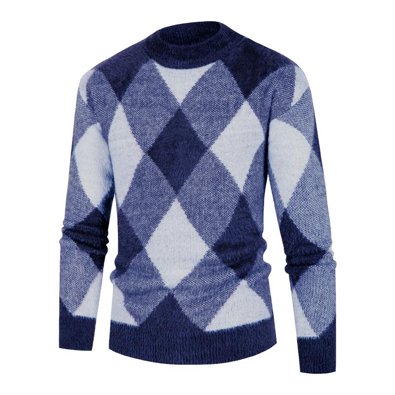 Men's Rhombus Loose Knit Pullover Half Turtleneck Casual Sweater 94522252L