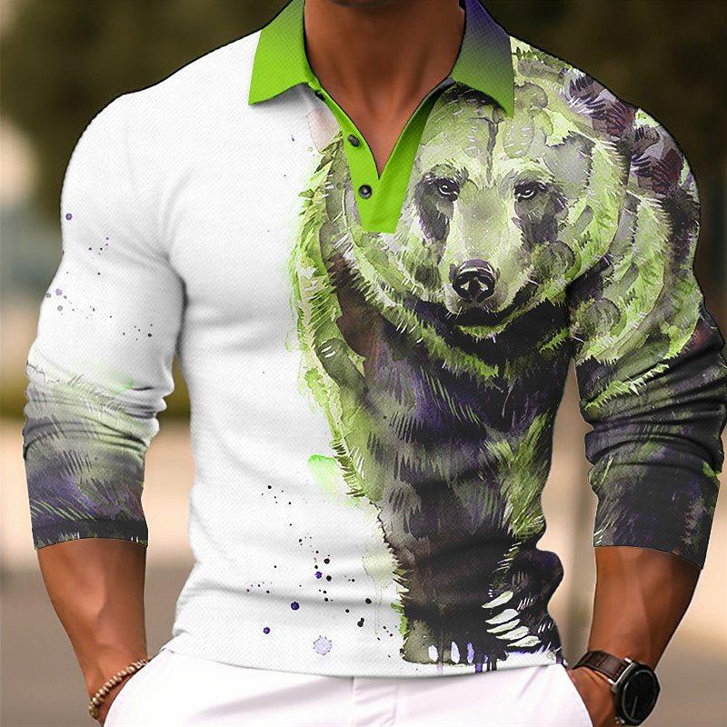 Men's Fashion Bear 3d Printed Long Sleeve Polo Shirt 73323834YY
