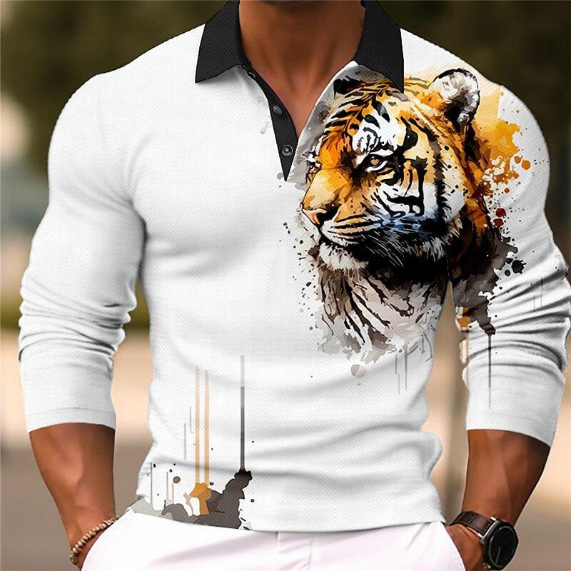 Men's Fashion Tiger 3d Printed Long Sleeve Polo Shirt 52588497YY
