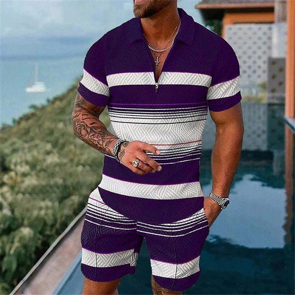 Men's Casual Printed Zipper Polo Short-sleeve and Shorts Suit 70259907YY